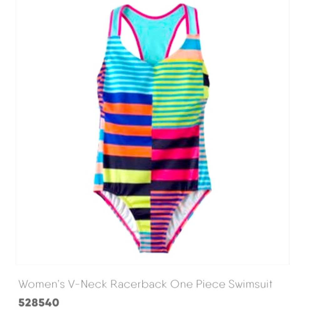 New Lands End V-Neck Racer Back One Piece Swimsuit- Chlorine Resistant UPF 50